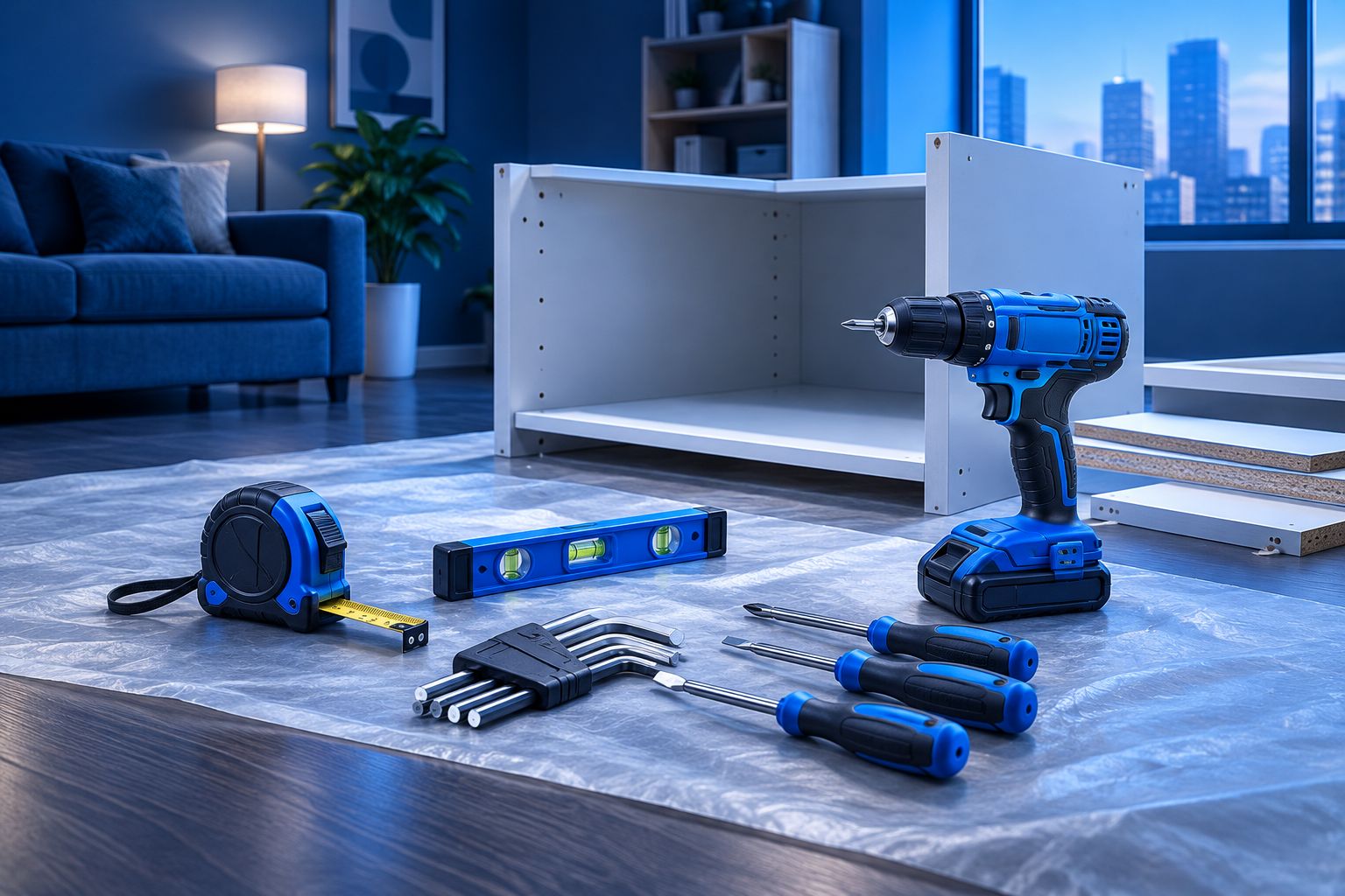 Compact hand tools and a cordless drill beside freestanding furniture assembly