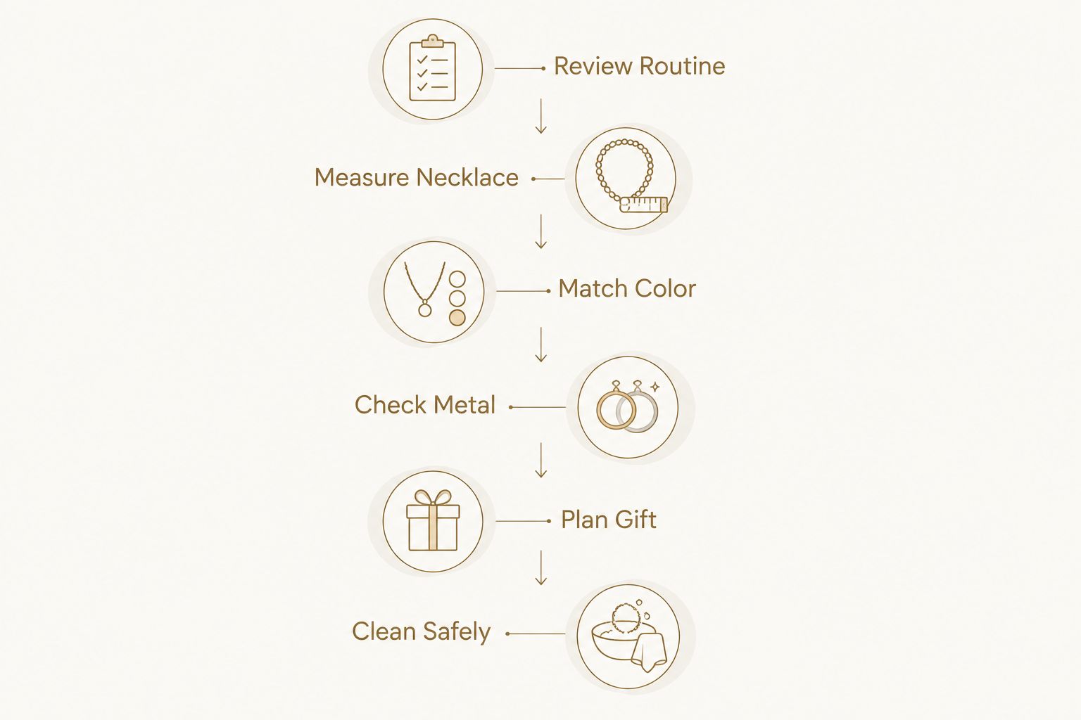 Six-step necklace selection process from reviewing routine to safe cleaning