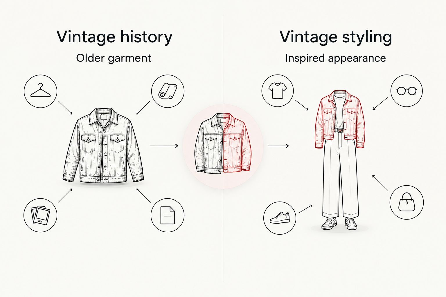 Comparison distinguishing an older vintage garment from a vintage-inspired appearance