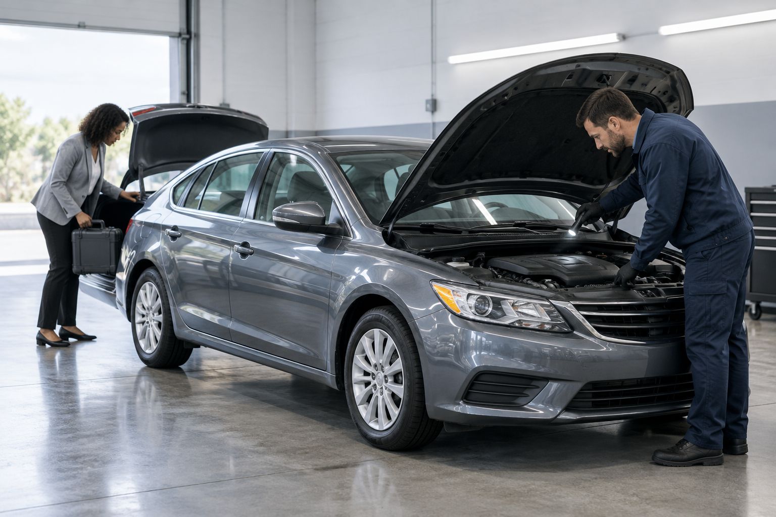 Used sedan undergoing a mechanical inspection and an equipment fit check