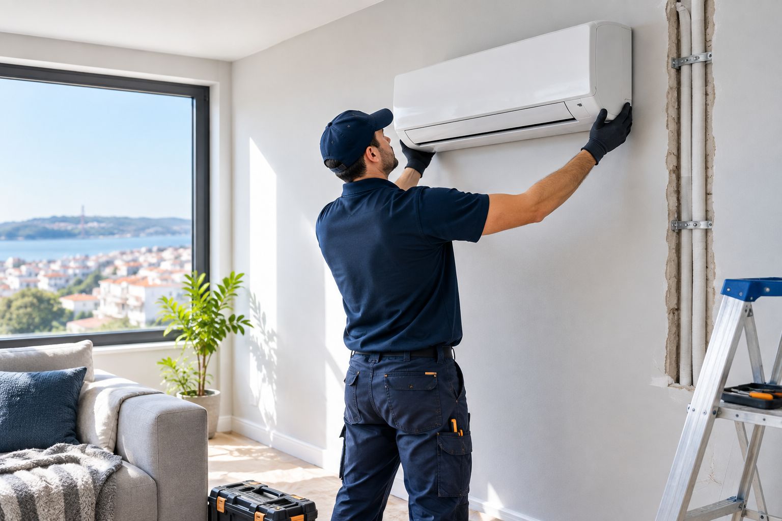 Instalação de uma bomba de calor numa sala durante uma remodelação