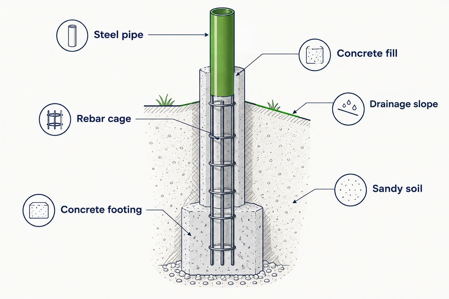 Cross-section of a concrete-filled steel bollard set in a footing