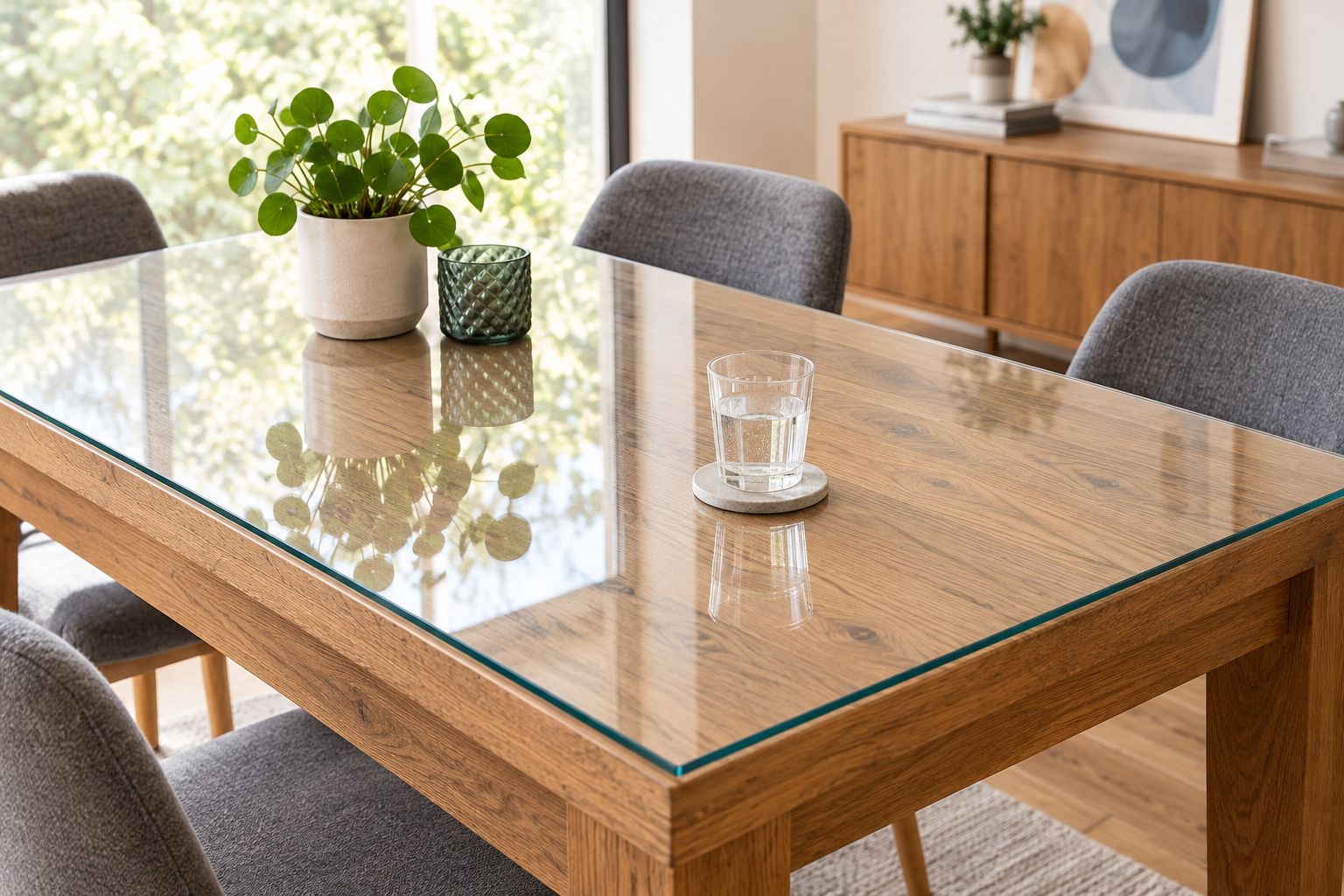 Transparente Glasauflage auf einem Holzesstisch mit sichtbarer Maserung und Untersetzer