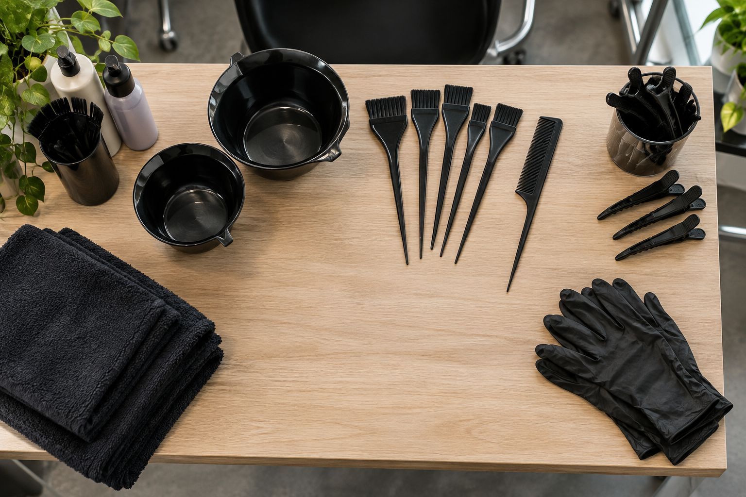 Clean salon colour tools arranged around a clear mixing workspace