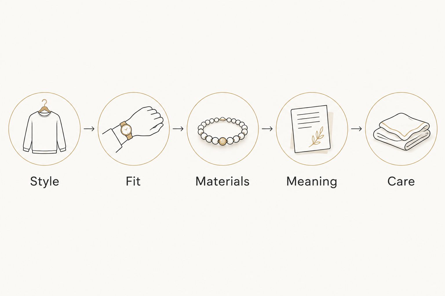 Gift selection steps covering style, fit, materials, meaning, and care