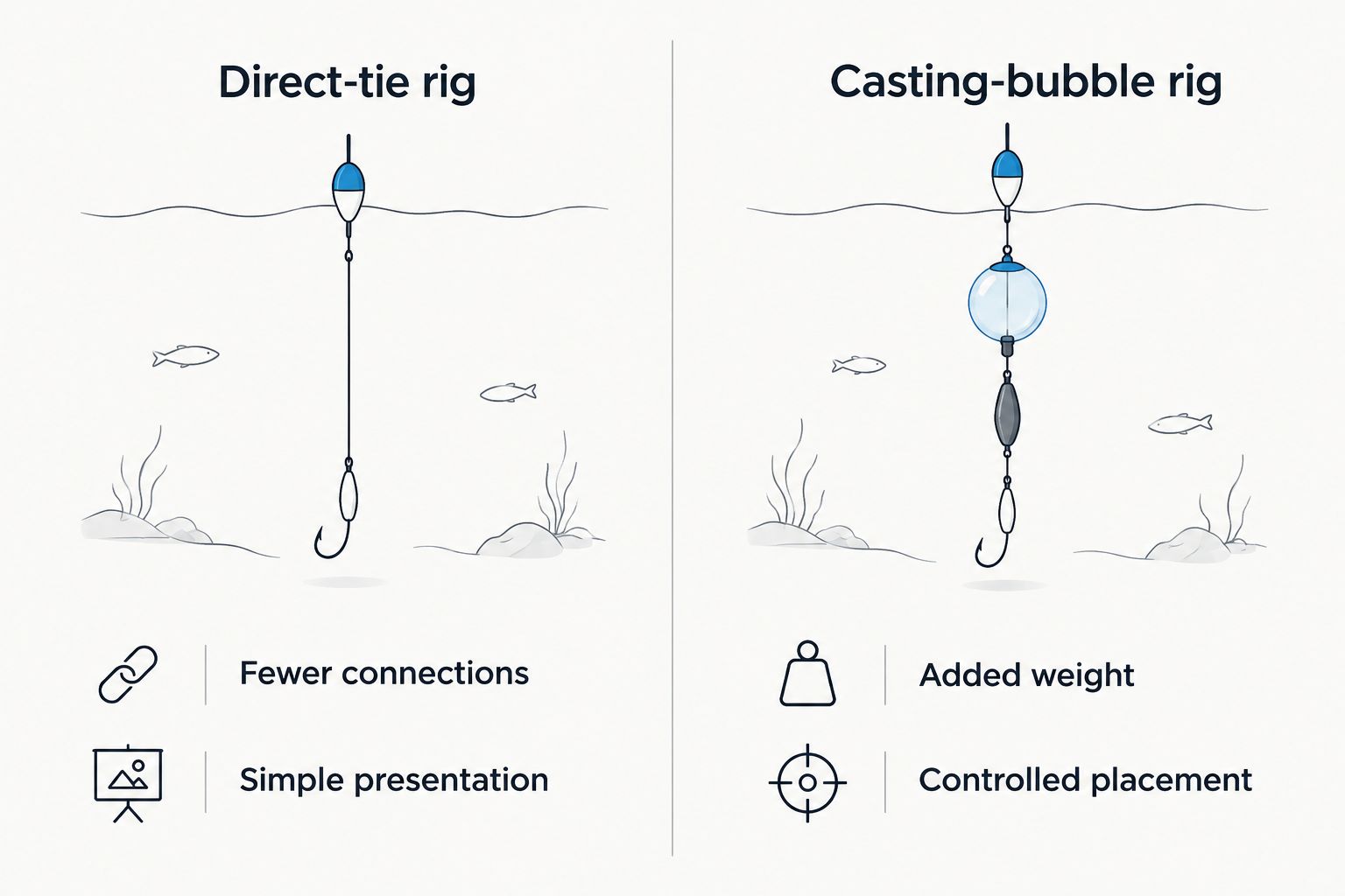 Comparison of direct-tie and casting-bubble GoReel rigs