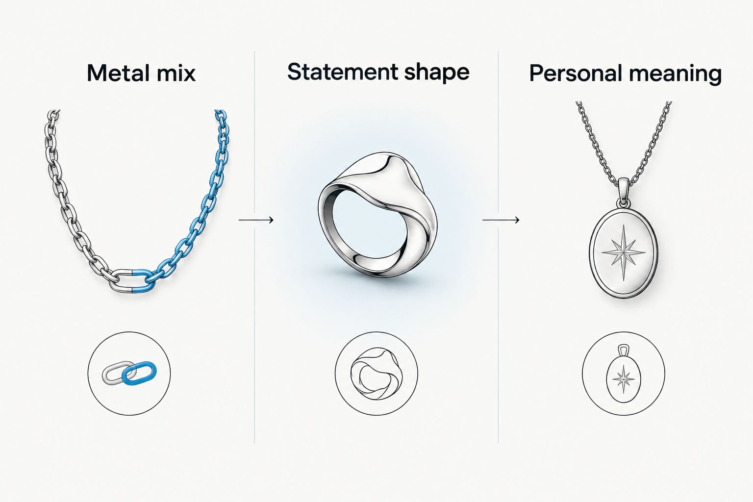 Three styling directions: mixed metals, a sculptural statement, and a meaningful pendant.