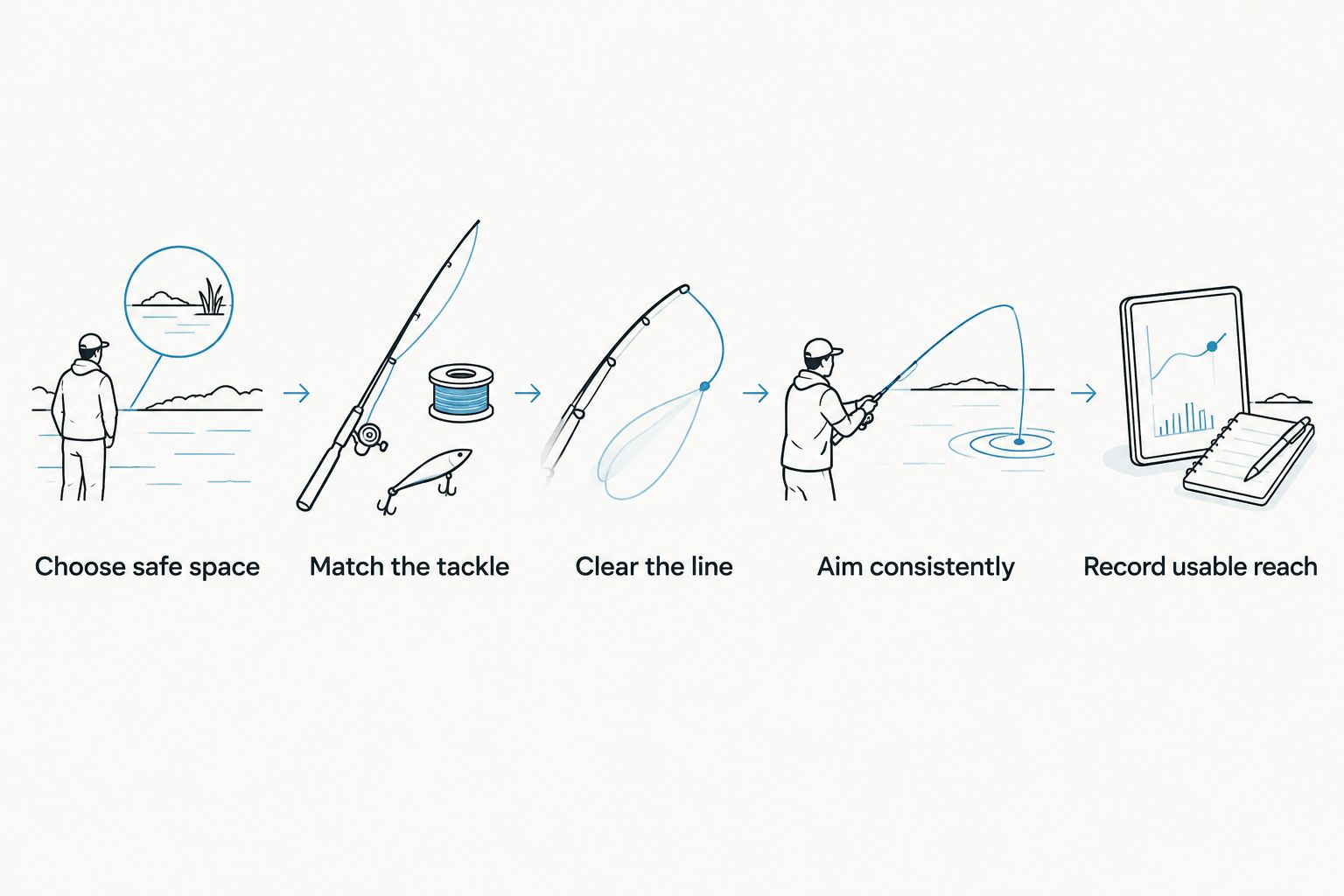 Steps for comparing hand reel and spinning rod casts safely and consistently