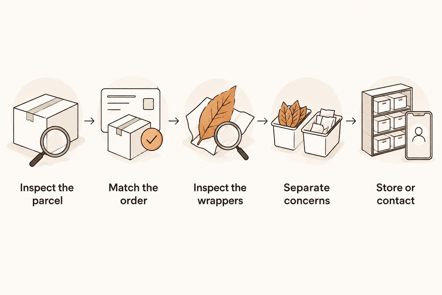 Arrival inspection sequence from checking the parcel to storing cigars or contacting the retailer