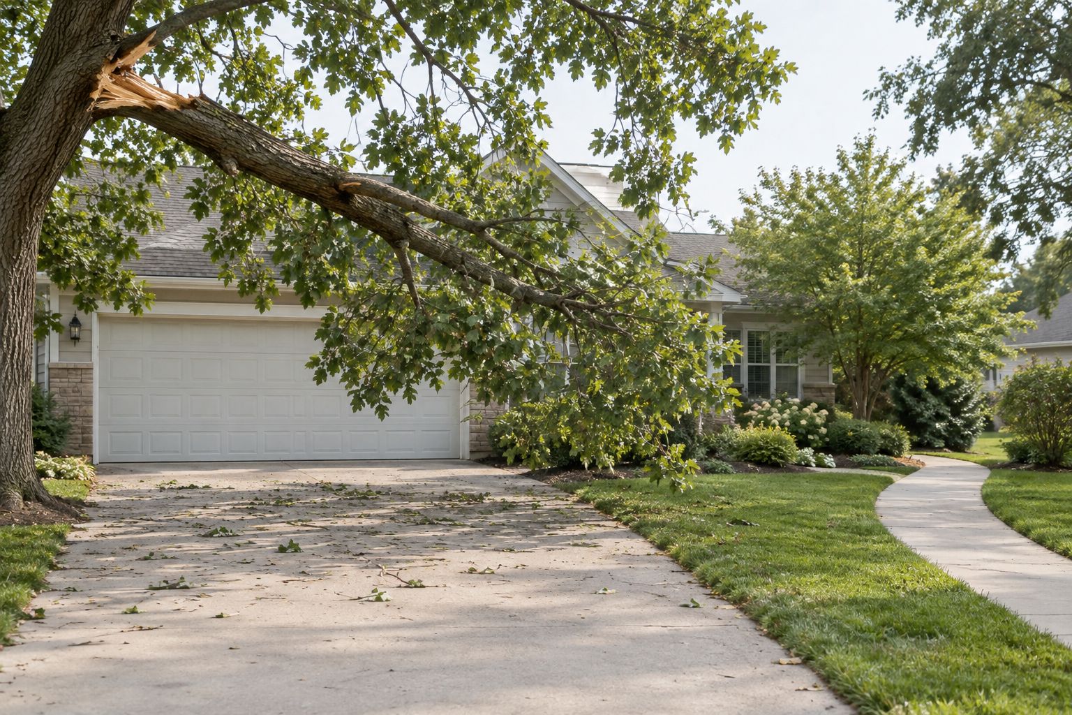 Broken tree limb over an empty driveway with a separate walkway away from the hazard