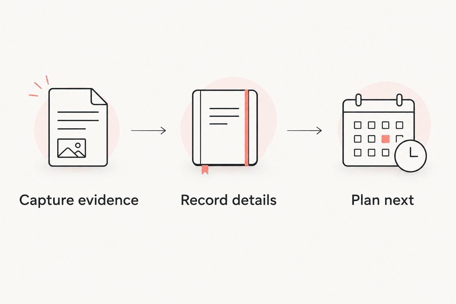 Three steps for recording motorcycle maintenance: capture evidence, record details, and plan next.