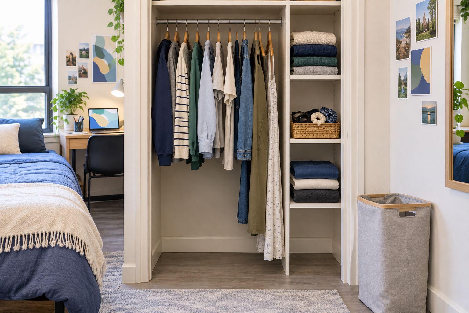 Small student closet with hanging clothes, folded sweaters, an accessory basket, and clear access