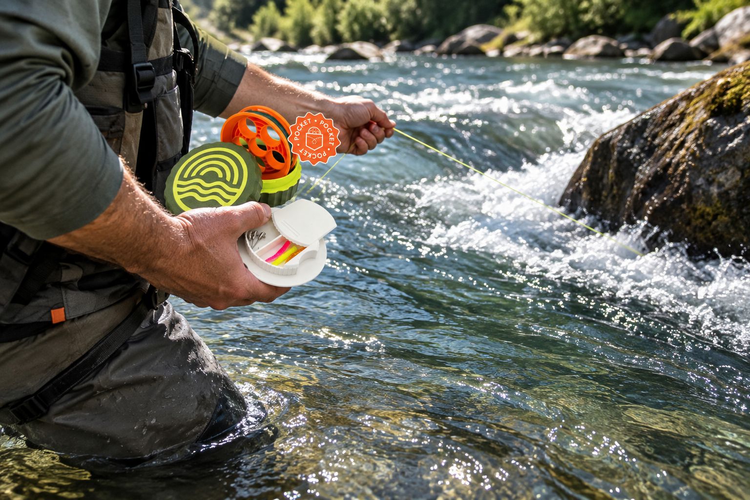 Angler holding a GoReel hand reel while fishing a river current seam