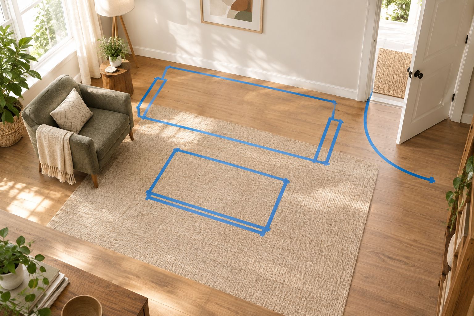 Painter’s tape outlines proposed furniture footprints beside an existing chair and an open doorway.