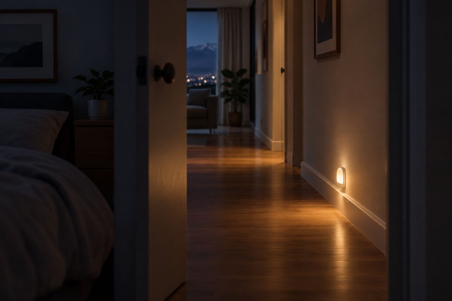 luz tenue cerca del piso que permite reconocer un pasillo despejado