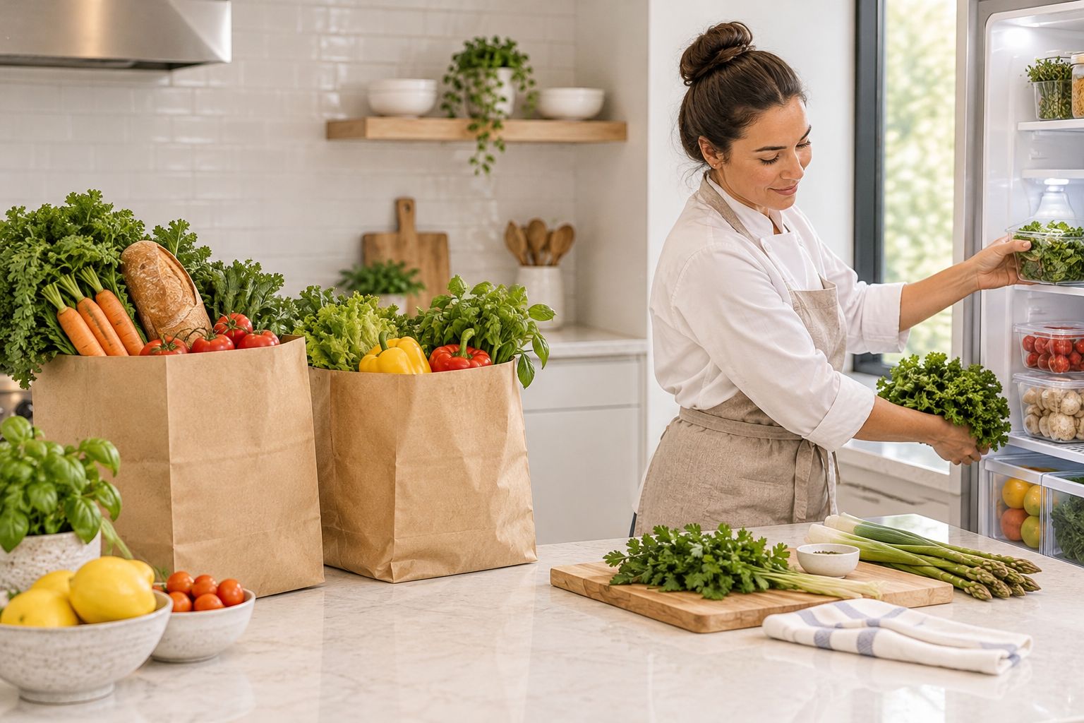 Groceries being unpacked and refrigerated in a home kitchen before meal preparation