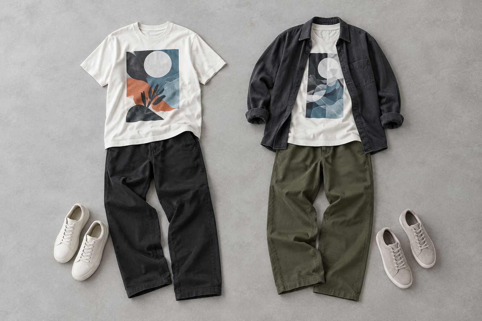 Two streetwear outfits showing a graphic tee alone and beneath an open overshirt