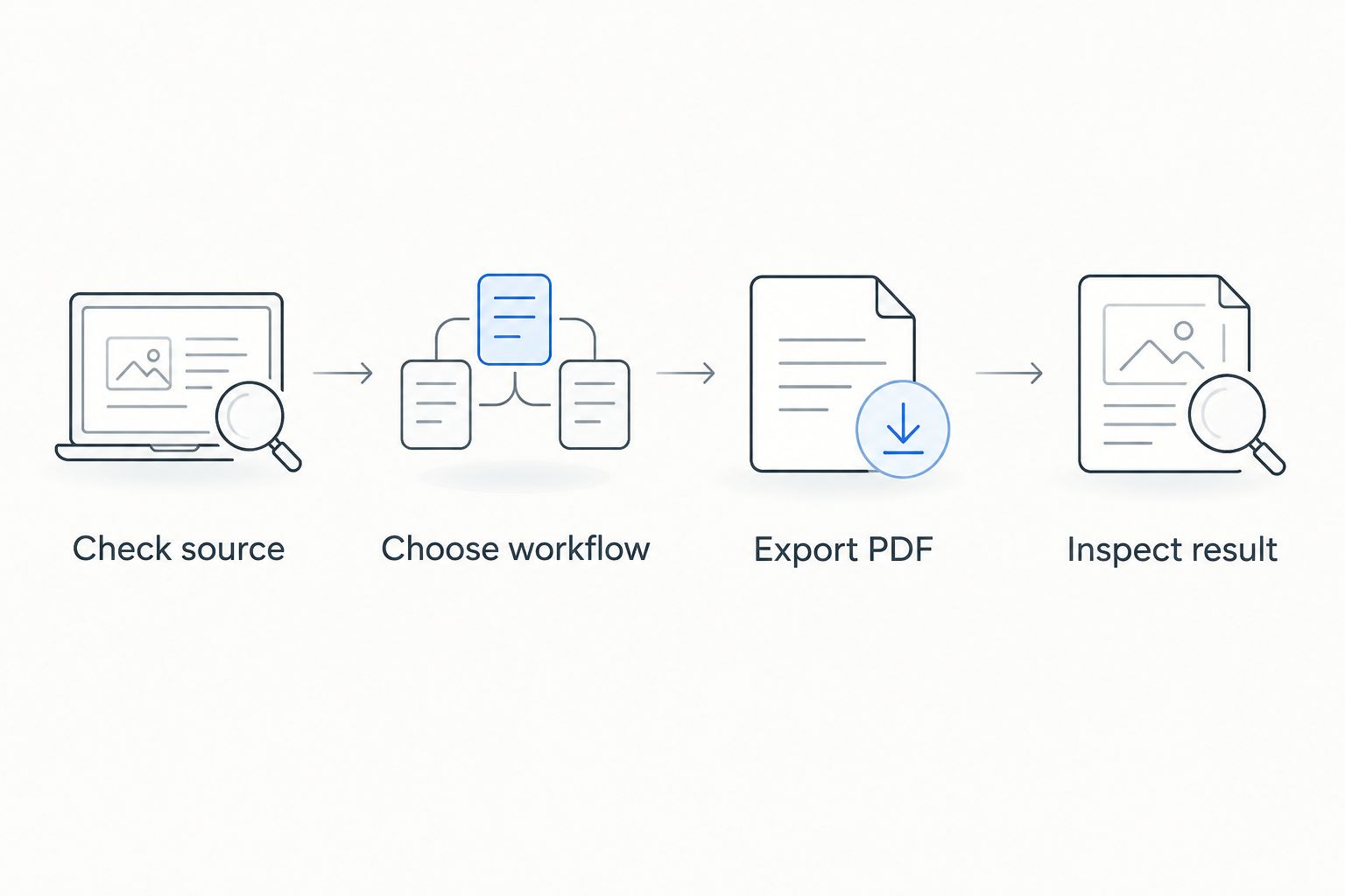 Four-step sequence from checking the source document to inspecting the exported PDF