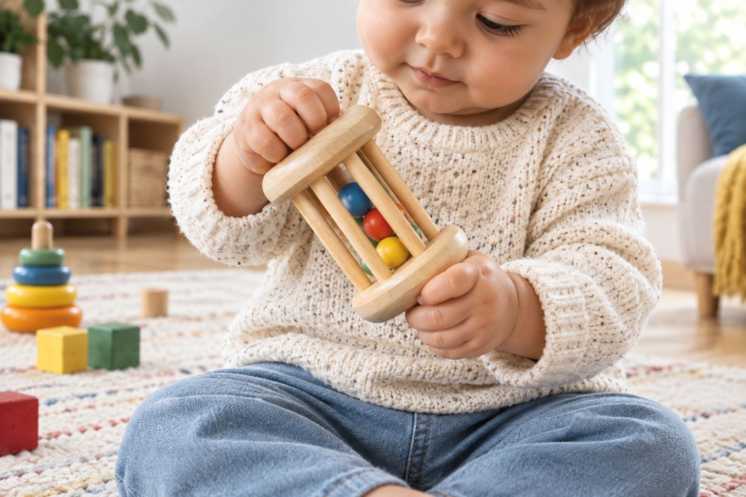 Baby's hands shaking a wooden rattle toy
