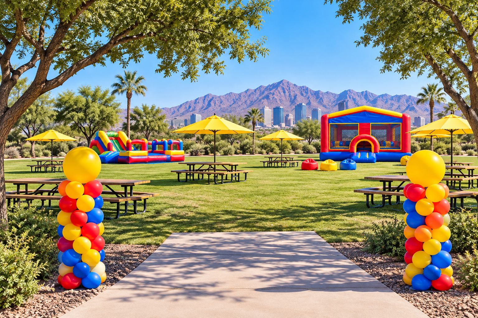 Outdoor picnic site showing entrance access, open activity space and existing seating