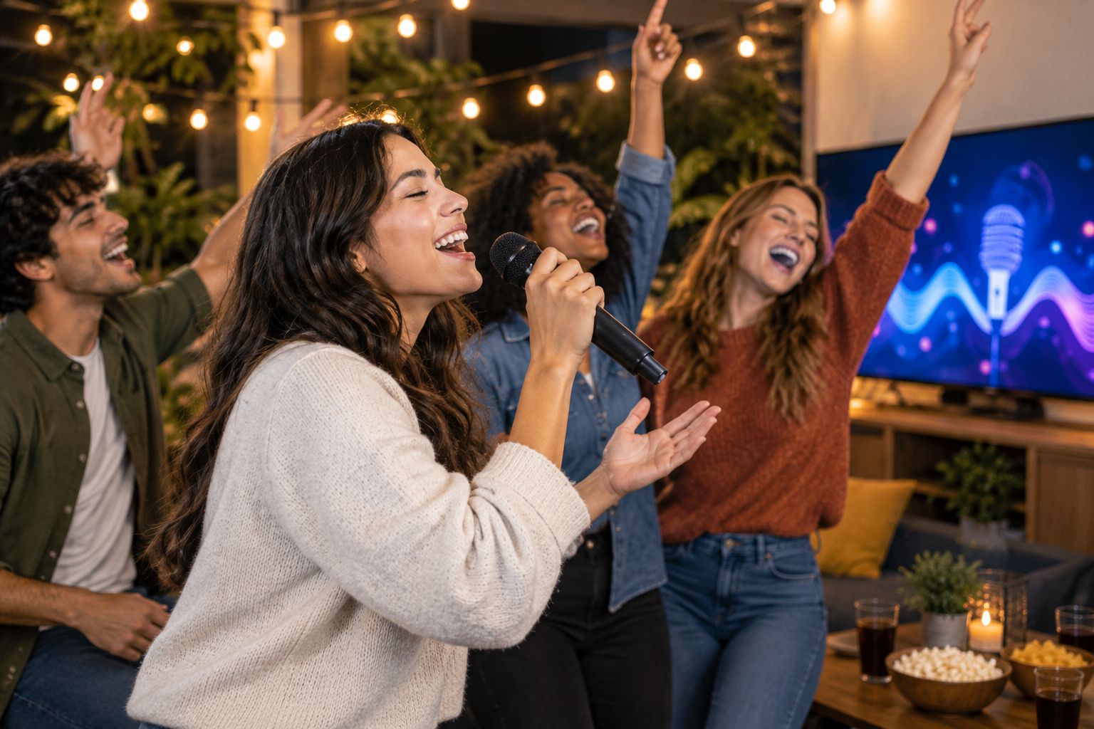 Group singing along to a karaoke chorus at an evening party