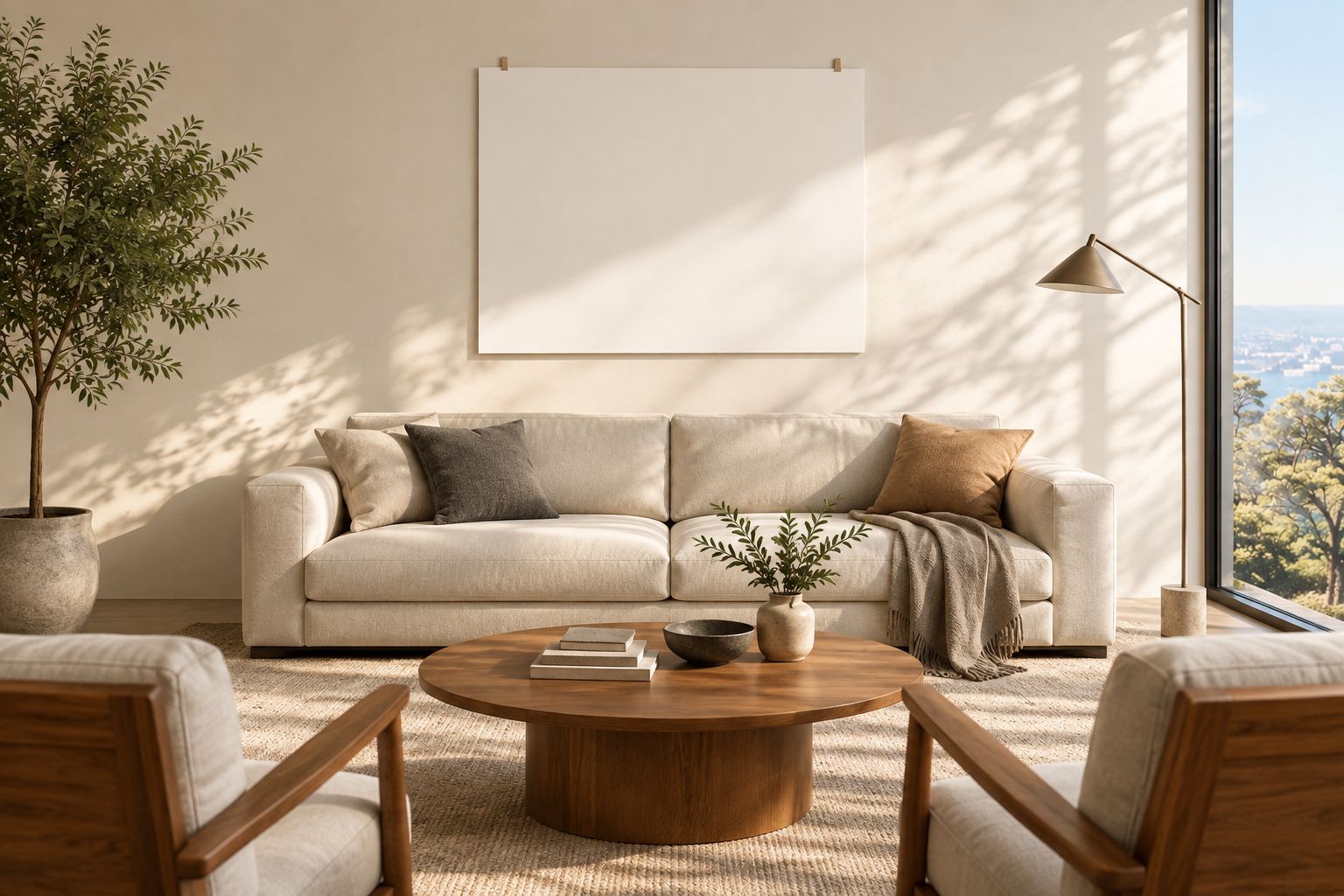 Paper template above a sofa showing a proposed wall art footprint