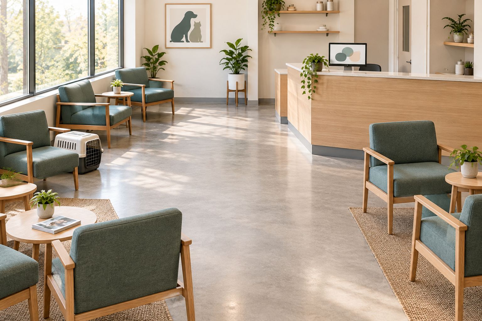 Veterinary reception seating with carrier space beside a chair and an open central route
