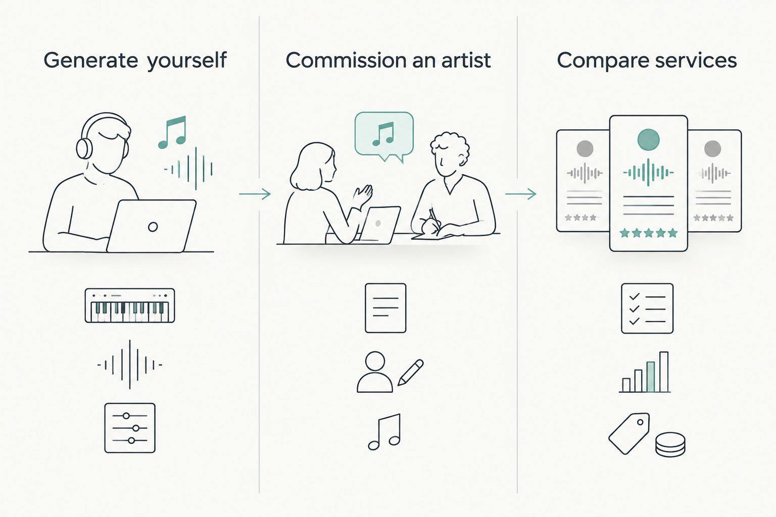 Three routes to a personal song: generate it, commission an artist, or compare services