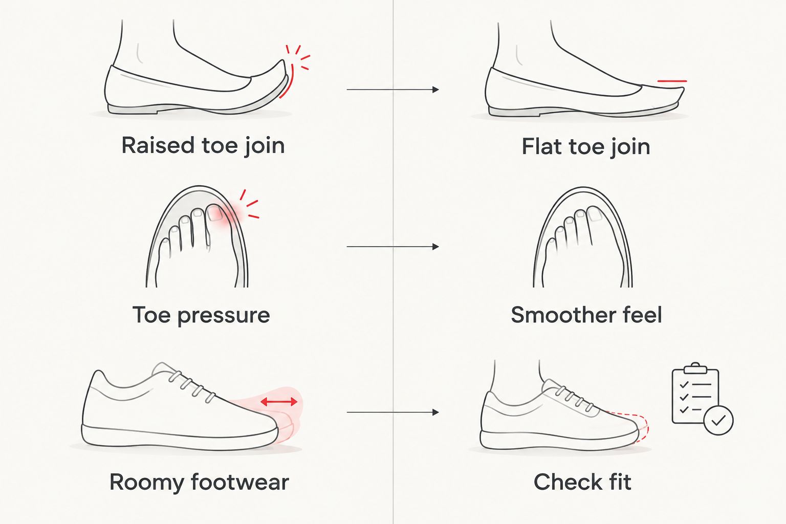 Comparison of a raised toe join and a flat toe join, with pressure and fit checks