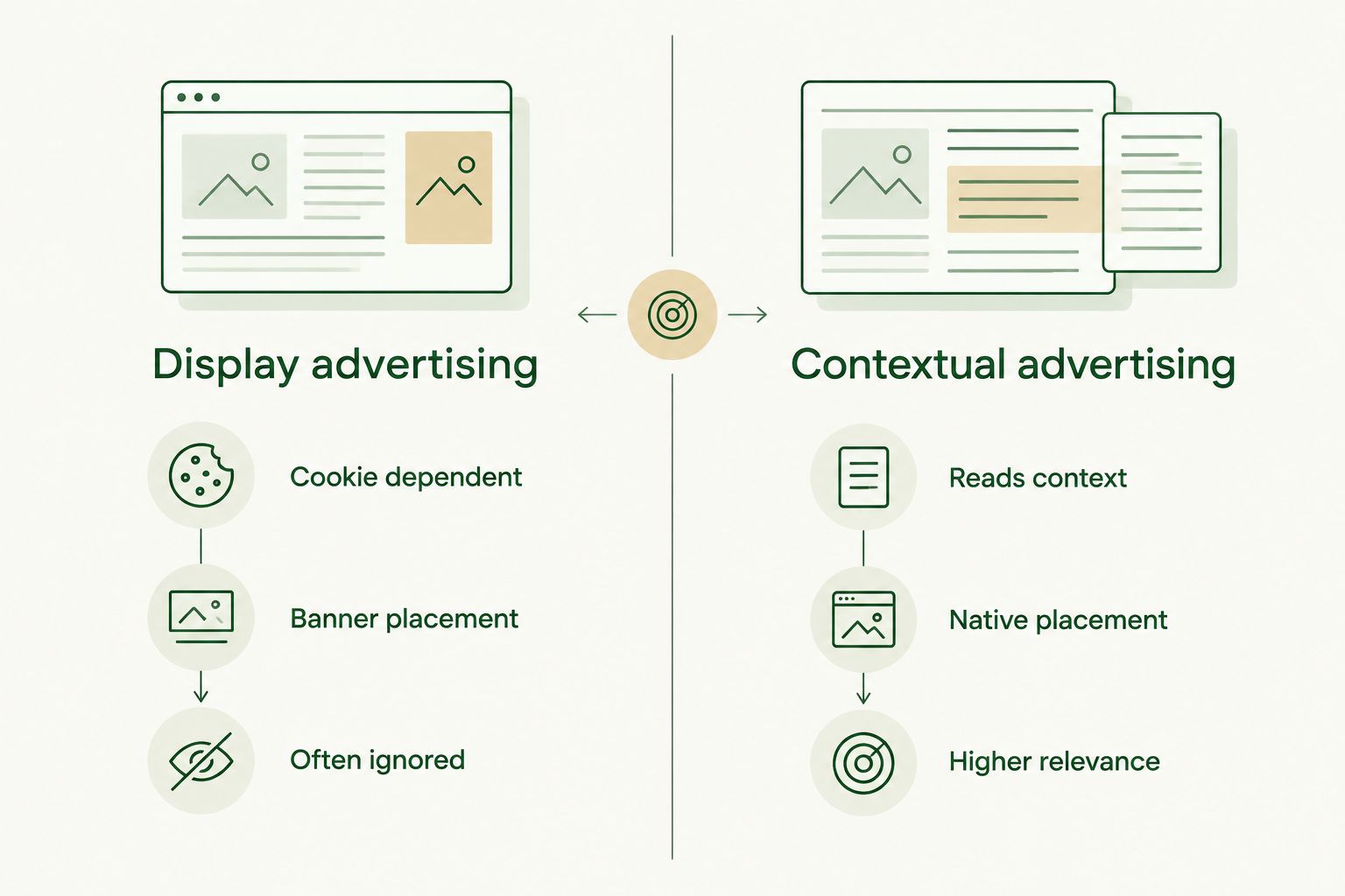 Two-column diagram comparing display advertising and contextual advertising traits