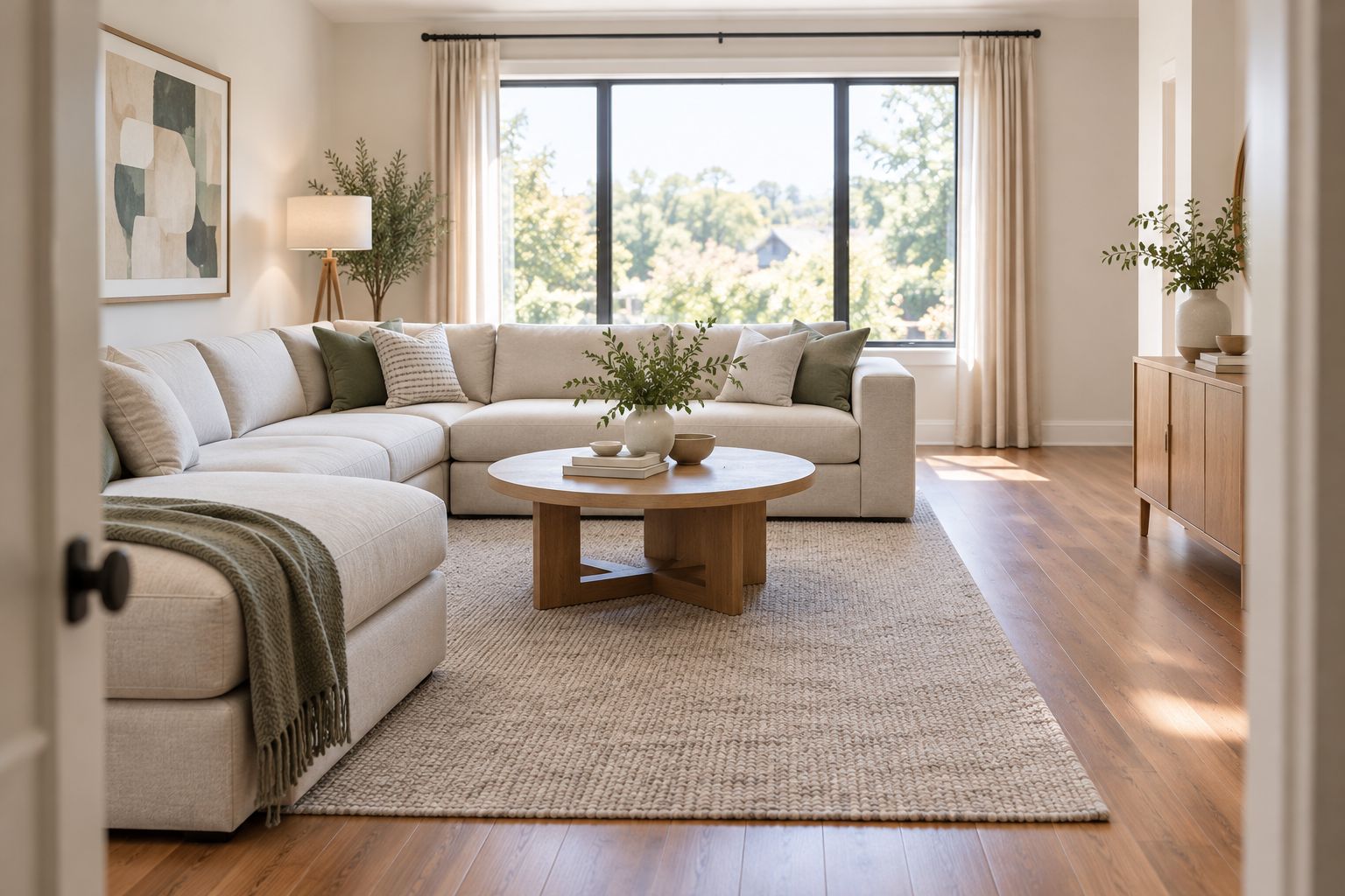 Neutral modular sofa arranged with an unobstructed window and clear walking route