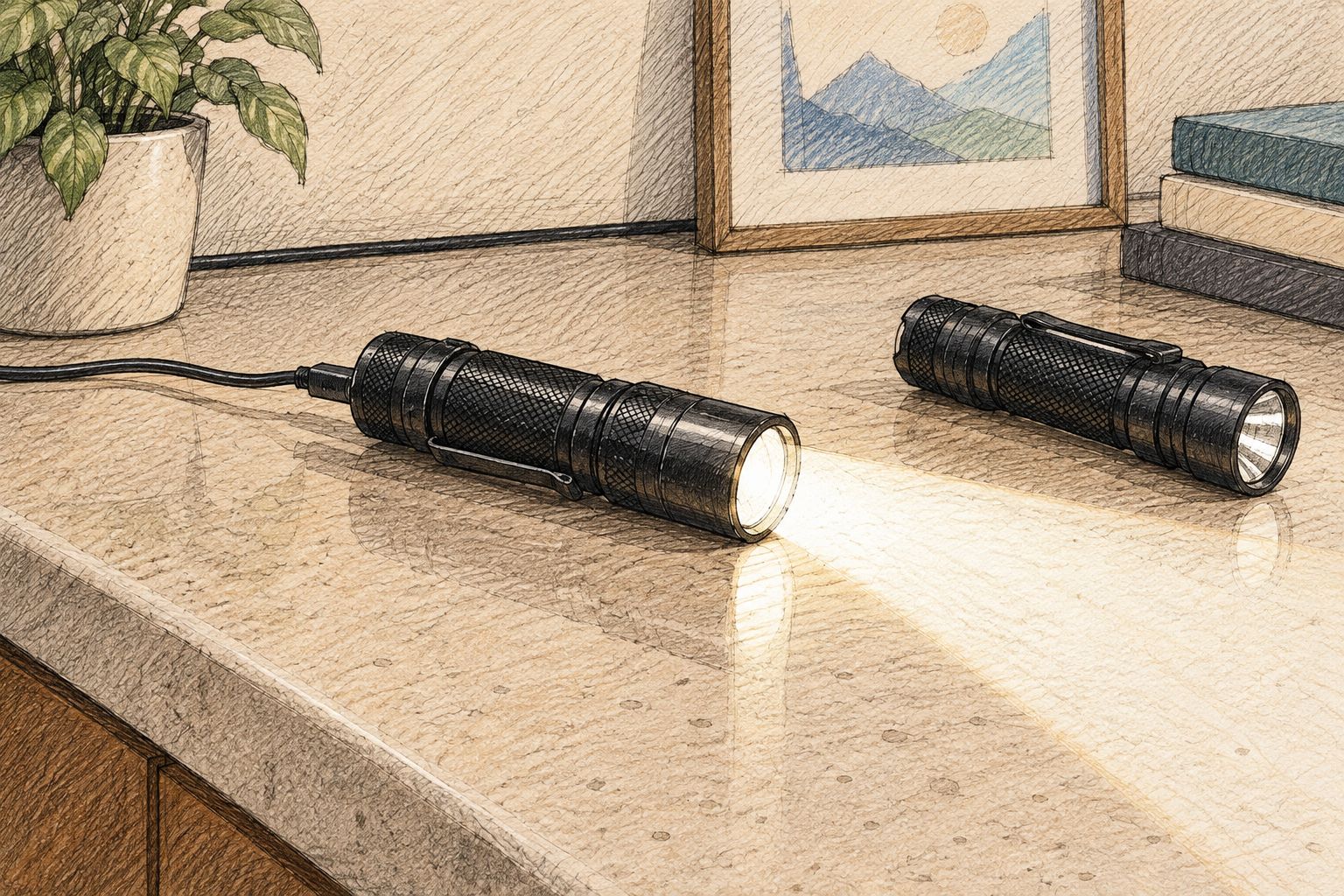 A torch on a clear charging surface with an unobstructed lens and a neatly routed cable
