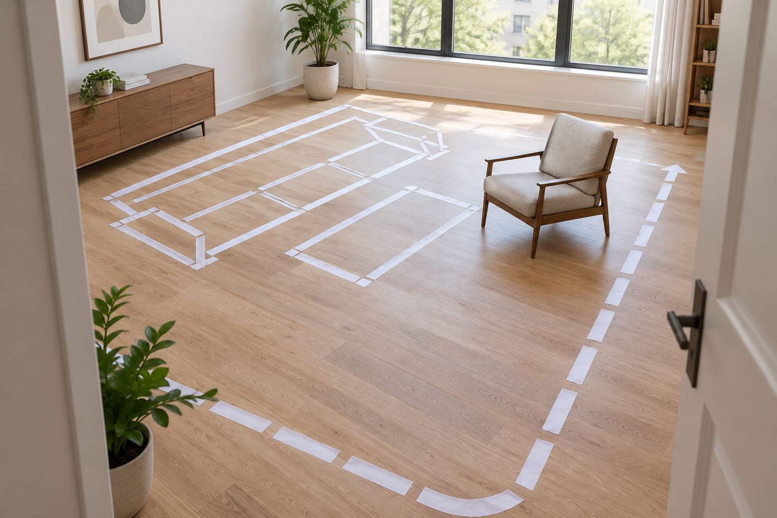 Full-size furniture outlines on a living room floor with a clear route from the doorway
