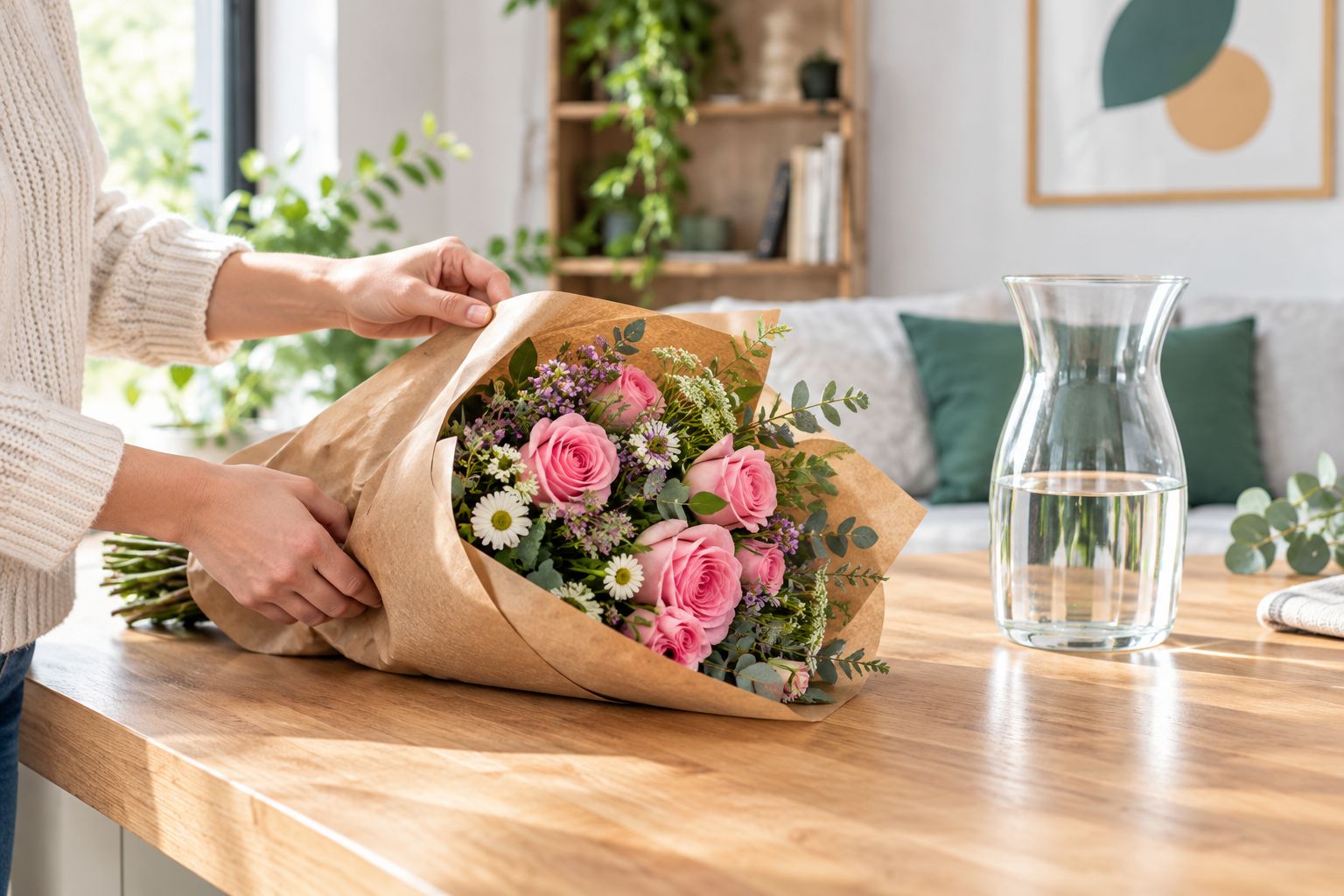 Hand-tied pink rose bouquet being unwrapped on a kitchen counter