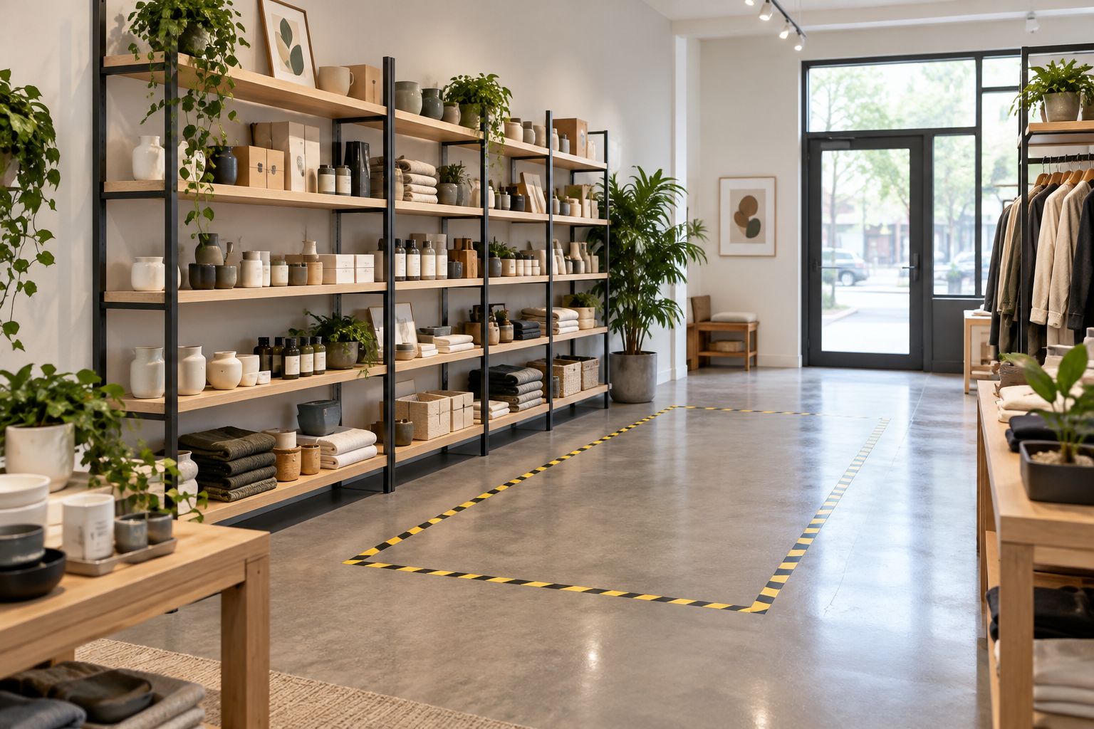Retail shelving beside a taped fixture footprint and a clear walking route