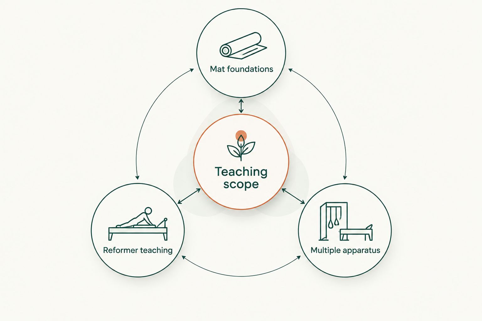 Teaching scope connected to mat foundations, Reformer teaching, and multiple apparatus