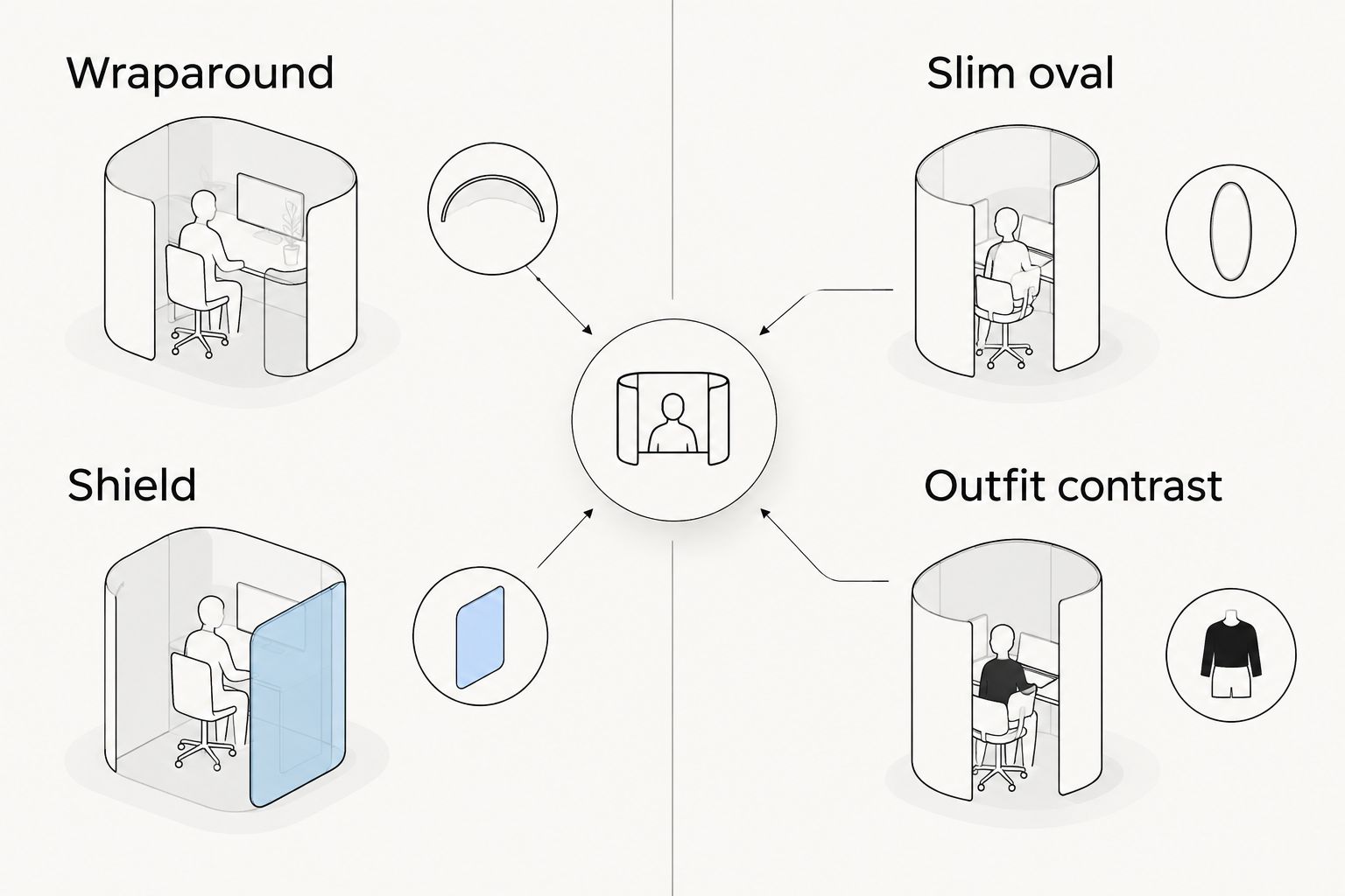 Two-column comparison of wraparound and shield shapes with slim ovals and outfit contrast