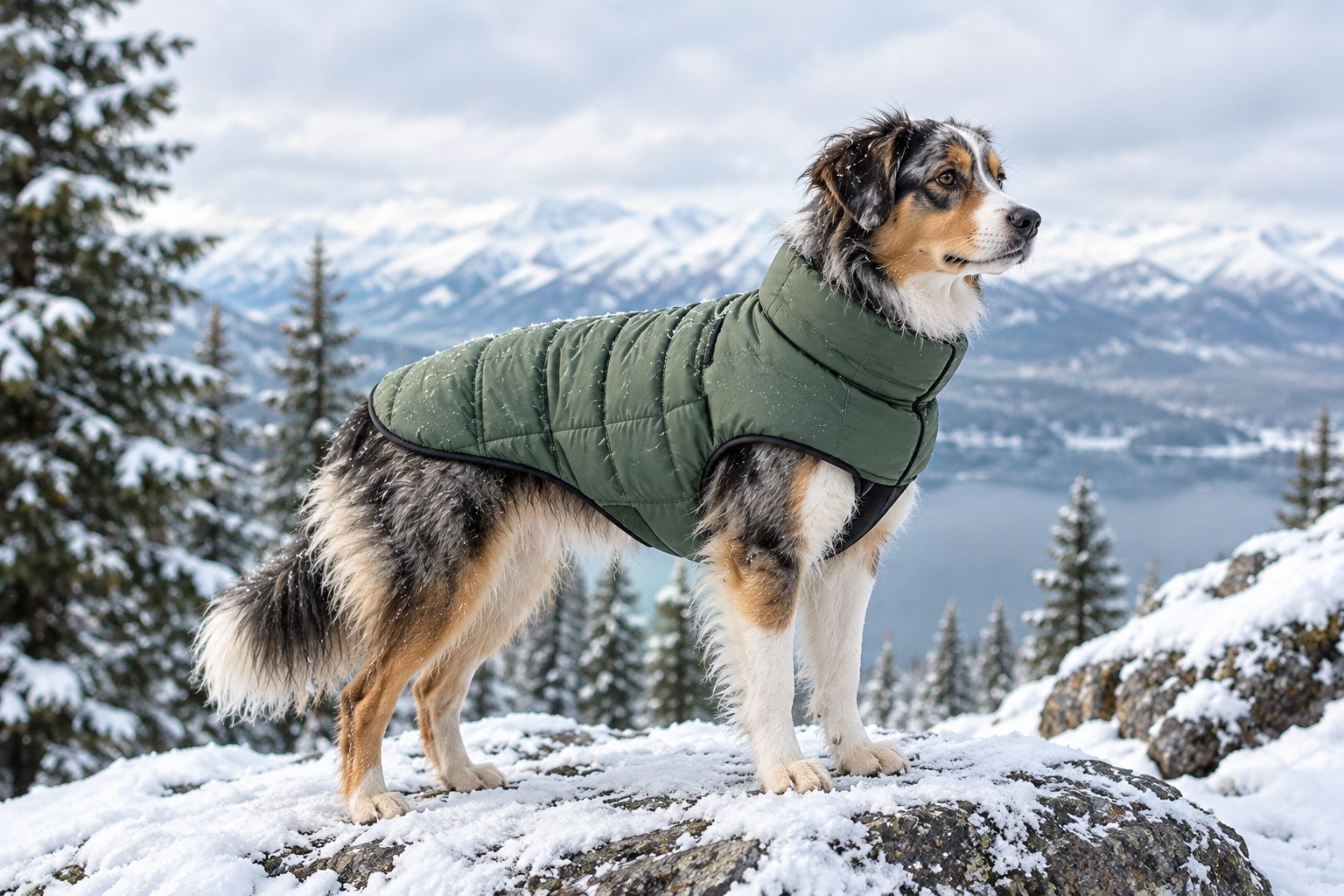 Dog wearing an insulated winter jacket in snow