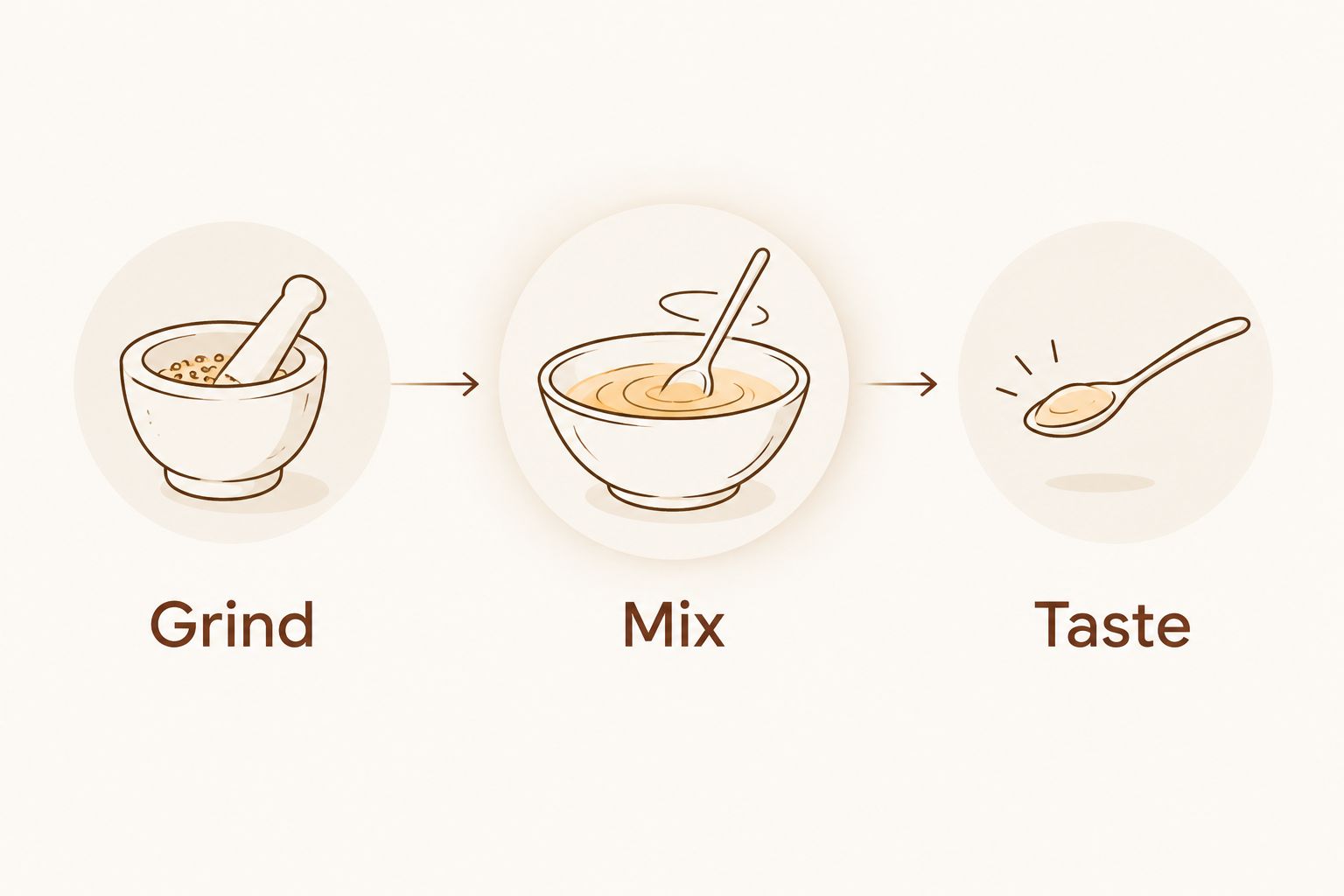 Three cooking steps showing grinding pepper, mixing it into food, and tasting before adjusting