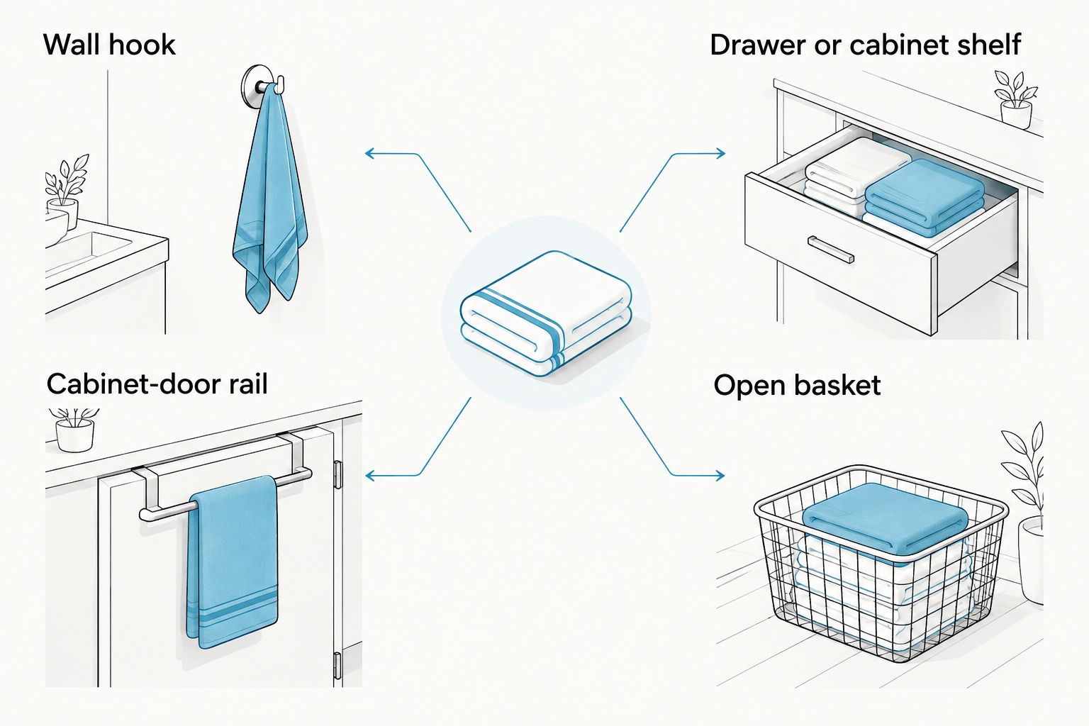 Wall hook and cabinet-door rail compared with drawer, shelf, and basket storage