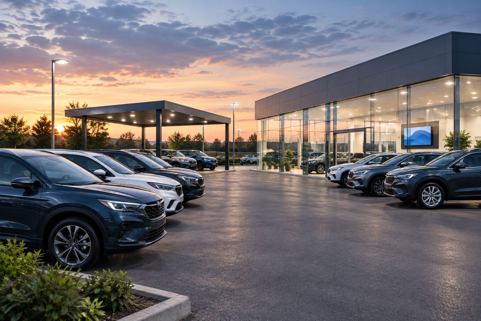 Car dealership forecourt and showroom with covered display canopy