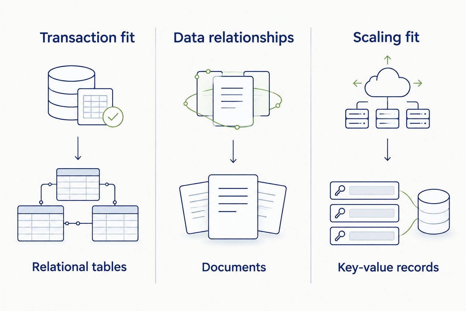 Database selection criteria covering transactions, data relationships, and scaling