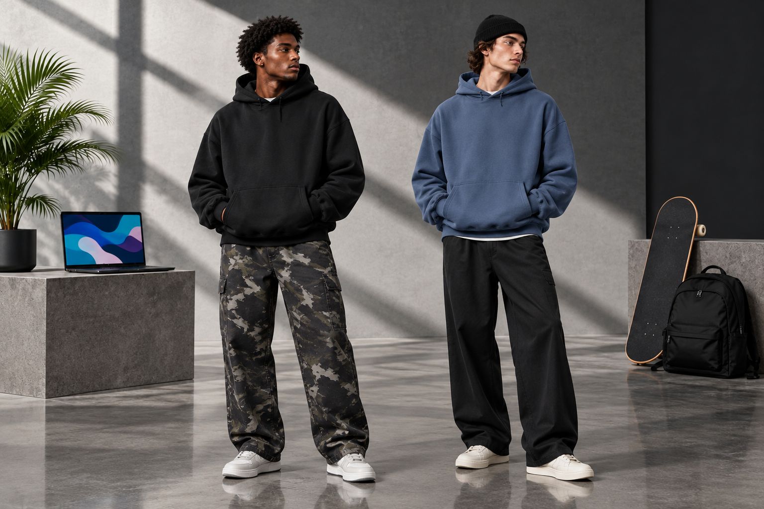 Roomy hoodies paired with patterned and plain trousers to compare outfit balance