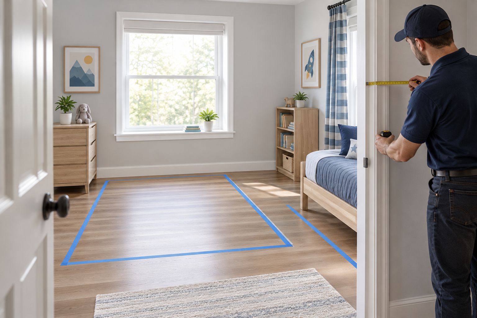 An adult measures a bedroom doorway beside a taped bed footprint and a clear access route.