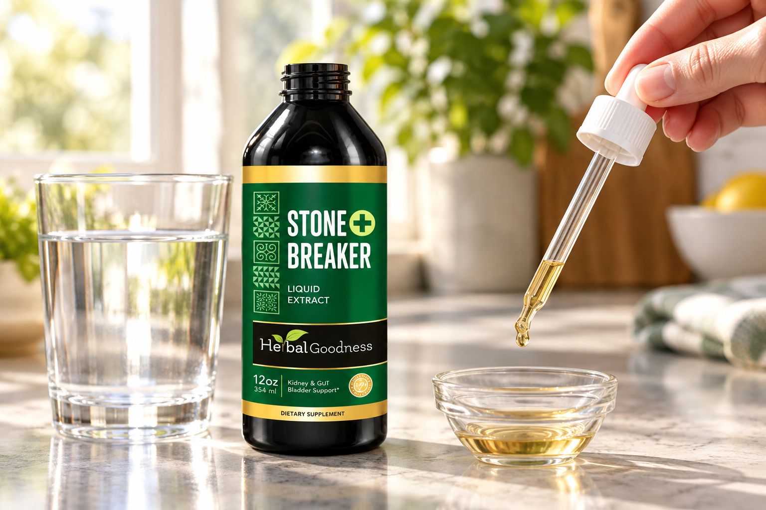 Chanca piedra liquid extract bottle with dropper on a kitchen counter