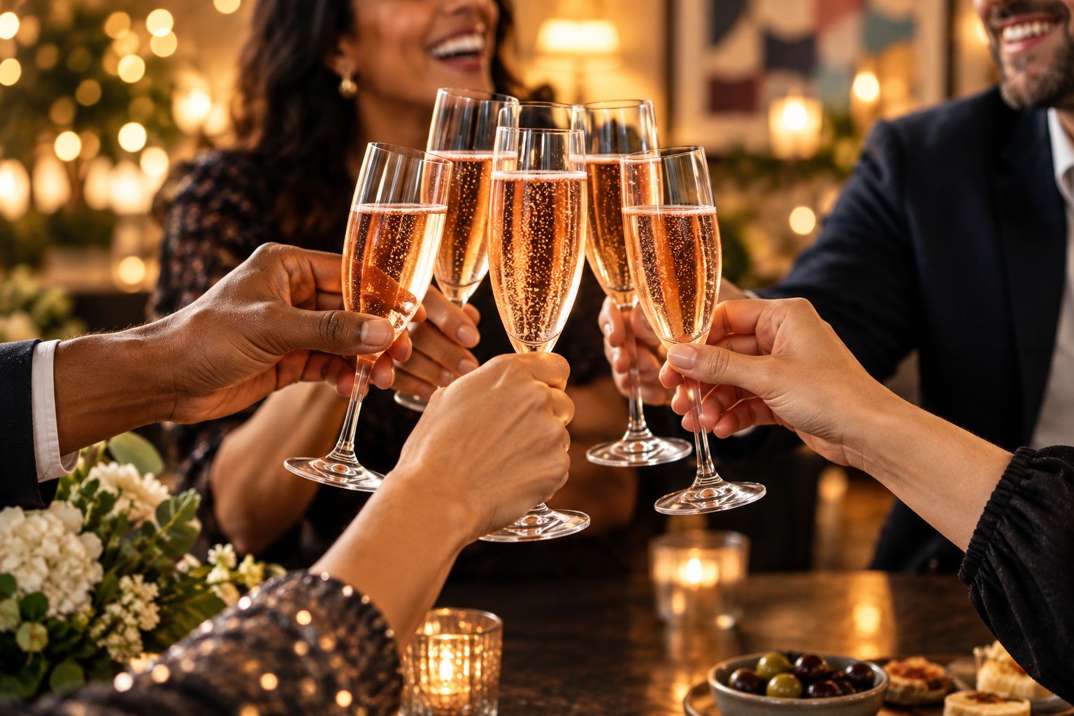Champagne flutes raised together during a birthday toast