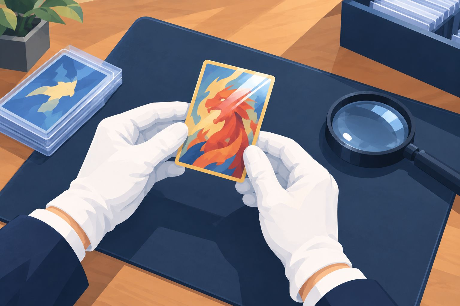 A generic collectible card inspected by its edges under angled light