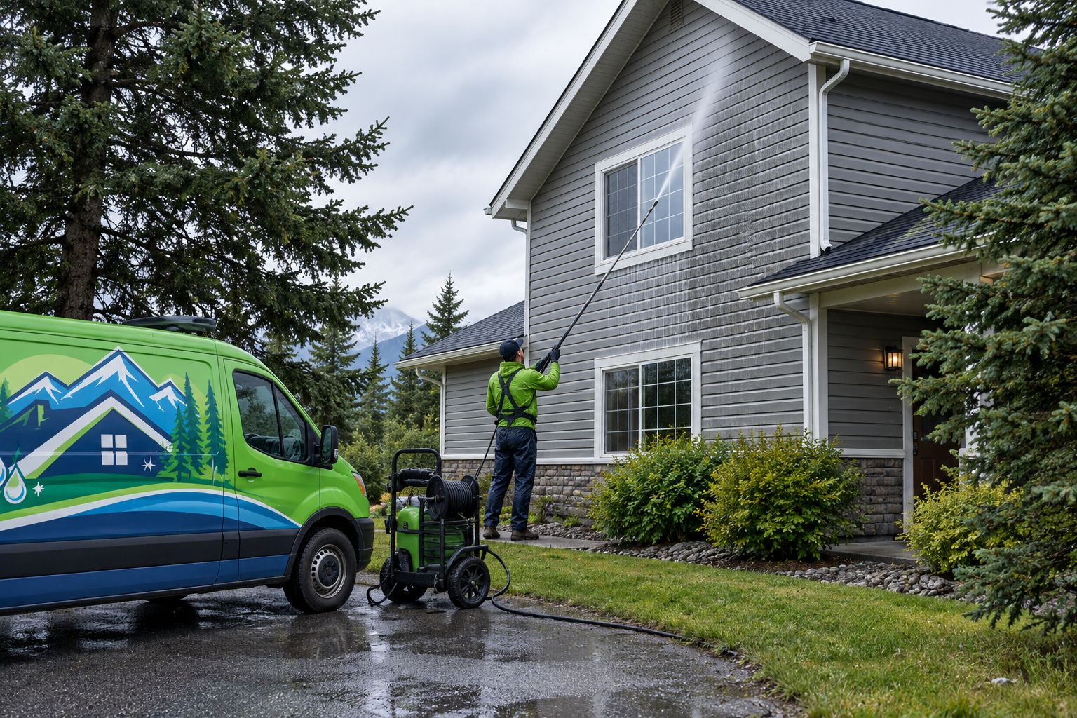 Soft wash cleaning being applied to shaded vinyl siding near spruce trees