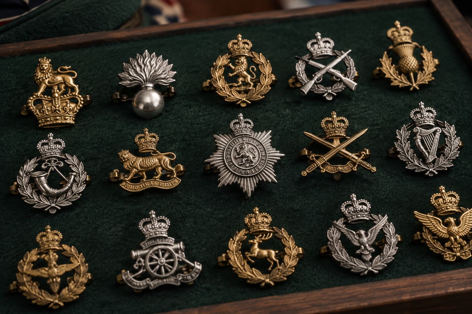 Display board holding several British Army cap badges
