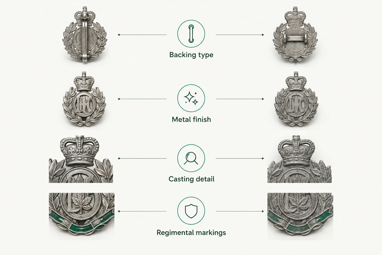 Two-column diagram comparing genuine and reproduction British Army cap badges